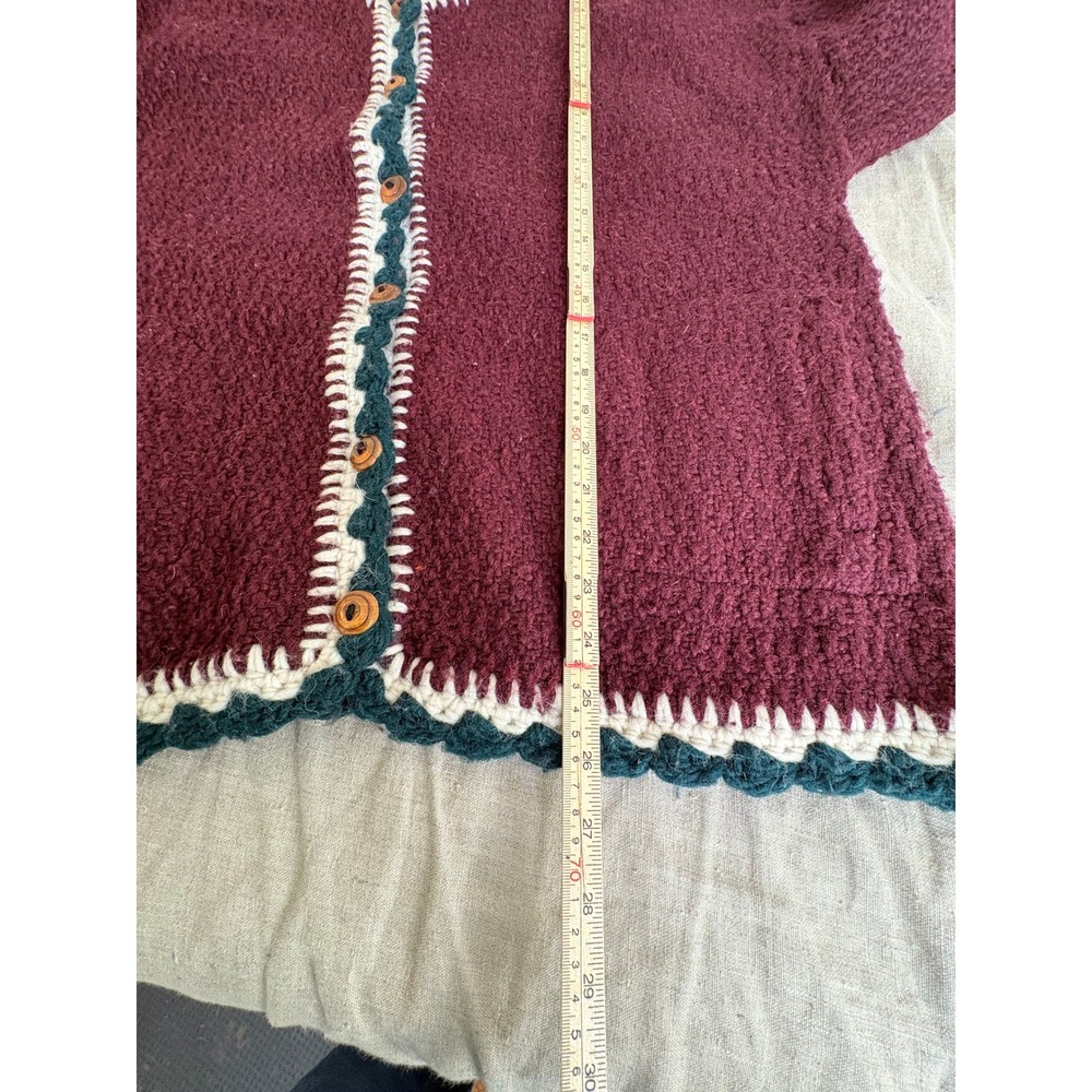 Vintage Burgundy Chunky Knit Cardigan Crochet Trim Wood Button Sweater XL - Picture 7 of 11